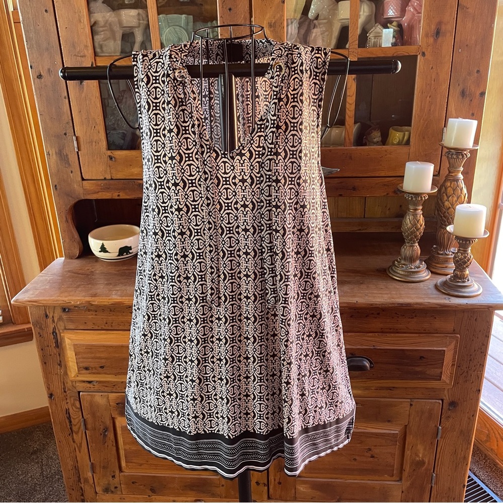 Rafaella Women's Tunic Top Blouse Black Tan Geometric Print Stretch Size Small